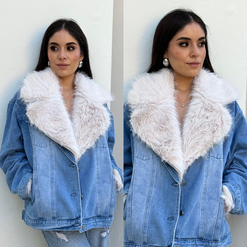 *RESTOCKED* This One Is Fur You Fur Collared Washed Denim Jacket - Picture 10 of 17